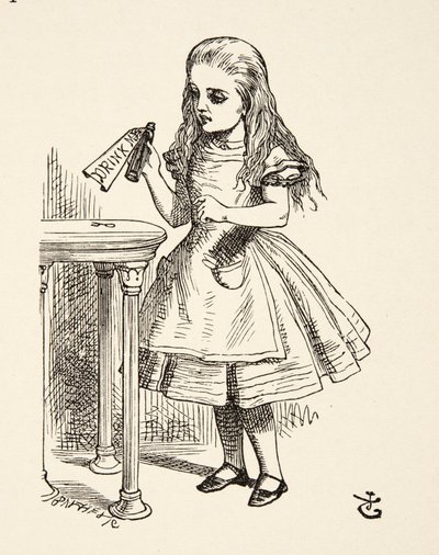 Alice schaut auf die Trink-mich-Flasche, aus Alice im Wunderland von Lewis Carroll, veröffentlicht 1891 von John Tenniel